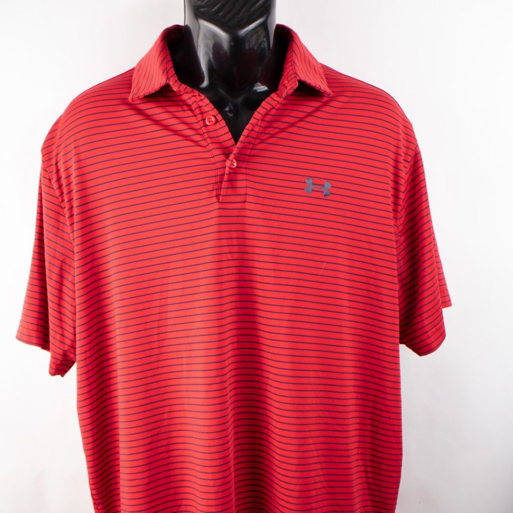 Under Armor Men's XL Golf Polo HeatGear Logo Red Navy Striped